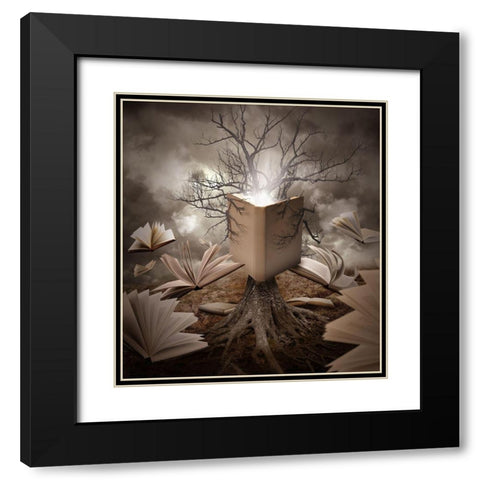 Old Tree Reading Story Book Black Modern Wood Framed Art Print with Double Matting by Waye, Angela