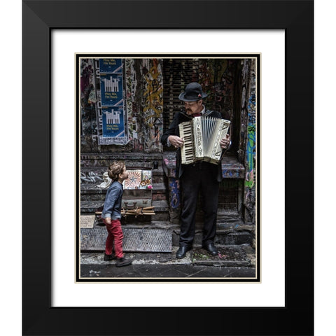 The Busker And The Boy Black Modern Wood Framed Art Print with Double Matting by Russell, Vince