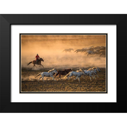 Mongolia Horses Black Modern Wood Framed Art Print with Double Matting by Zhang, Libby