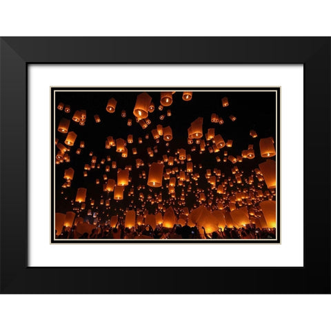 Floating Lanterns Black Modern Wood Framed Art Print with Double Matting by Vichaya