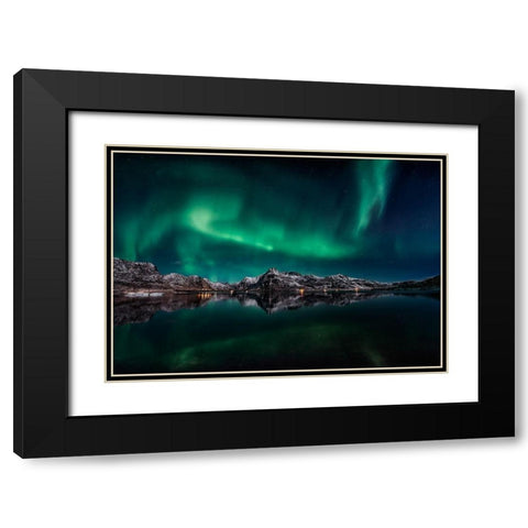 Lofoten Aurora Reflection Black Modern Wood Framed Art Print with Double Matting by De La, Javier