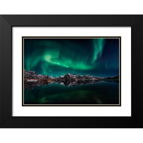 Lofoten Aurora Reflection Black Modern Wood Framed Art Print with Double Matting by De La, Javier