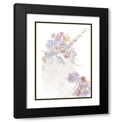 Unicorn Floral Black Modern Wood Framed Art Print with Double Matting by Artographie Studio