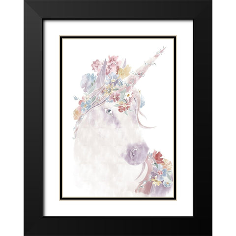 Unicorn Floral Black Modern Wood Framed Art Print with Double Matting by Artographie Studio