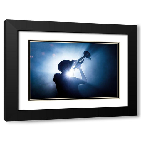 Trumpet Player Black Modern Wood Framed Art Print with Double Matting by De Klerck, Erik