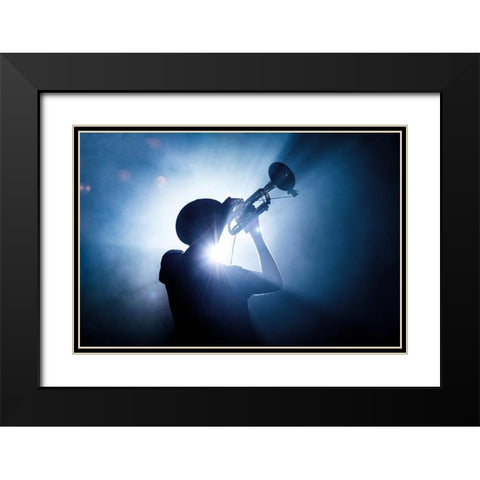 Trumpet Player Black Modern Wood Framed Art Print with Double Matting by De Klerck, Erik