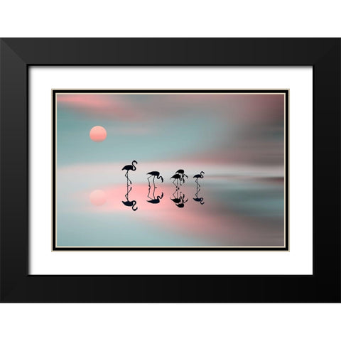Family flamingos Black Modern Wood Framed Art Print with Double Matting by Natalia