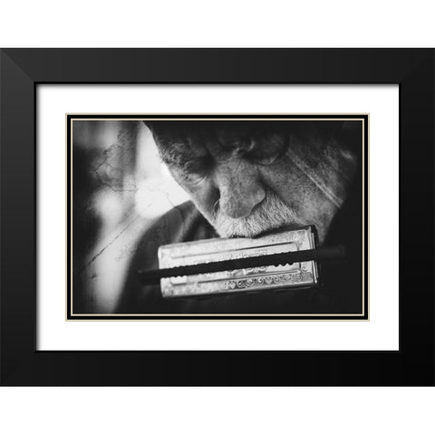 Wolf with harmonica Black Modern Wood Framed Art Print with Double Matting by Schleicher-Schwarz, Roswitha