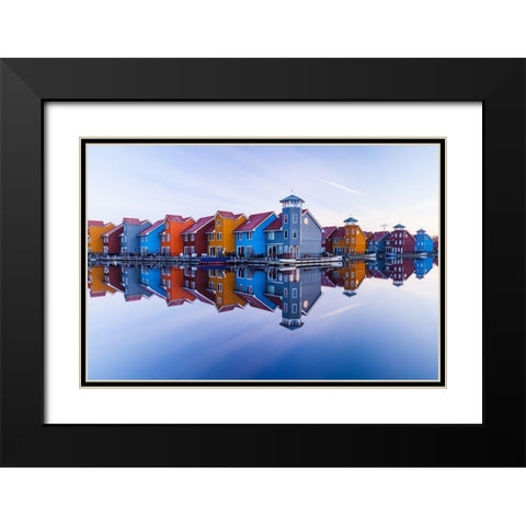 Colored homes Black Modern Wood Framed Art Print with Double Matting by Drijfhamer, Ton