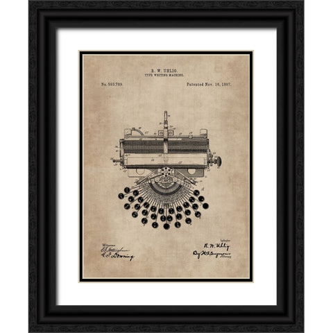 Patent Document of a Type Writing Machine Black Ornate Wood Framed Art Print with Double Matting by CAG