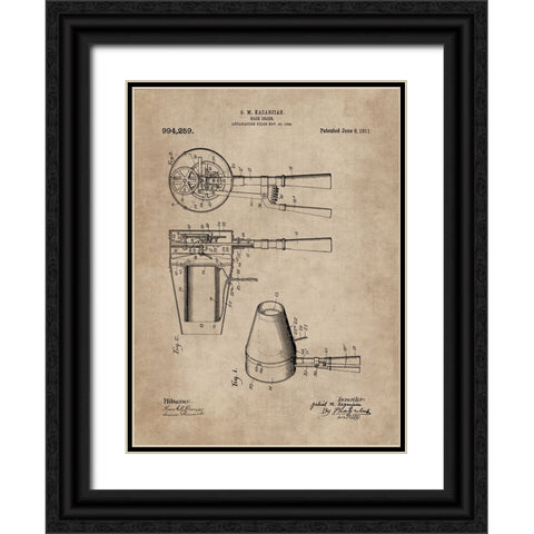 Patent Document of a Hair Dryer Black Ornate Wood Framed Art Print with Double Matting by CAG