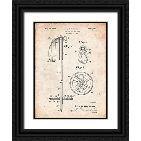 PP270-Vintage Parchment Vintage Ski Pole Patent Poster Black Ornate Wood Framed Art Print with Double Matting by Borders, Cole