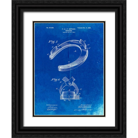 PP523-Faded Blueprint Horseshoe Patent Poster Black Ornate Wood Framed Art Print with Double Matting by Borders, Cole