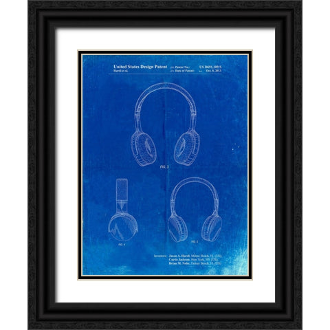 PP612-Faded Blueprint Headphones Patent Poster Black Ornate Wood Framed Art Print with Double Matting by Borders, Cole