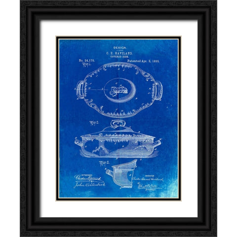PP657-Faded Blueprint Haviland Covered Serving Dish Canvas Art Black Ornate Wood Framed Art Print with Double Matting by Borders, Cole