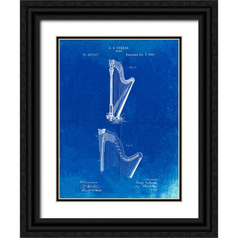 PP662-Faded Blueprint Harp Instrument 1890 Patent Poster Black Ornate Wood Framed Art Print with Double Matting by Borders, Cole