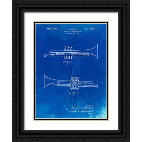 PP1140-Faded Blueprint York Trumpet 1939 Patent Poster Black Ornate Wood Framed Art Print with Double Matting by Borders, Cole