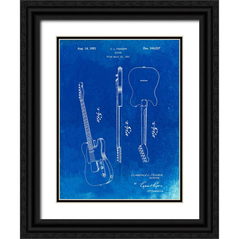 PP121- Faded Blueprint Fender Broadcaster Electric Guitar Patent Poster Black Ornate Wood Framed Art Print with Double Matting by Borders, Cole