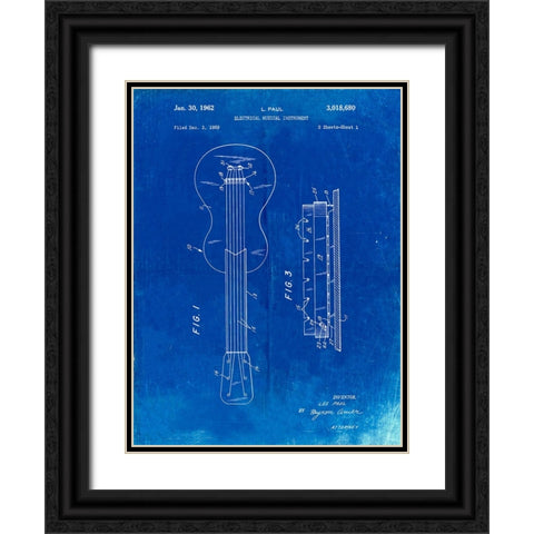 PP140- Faded Blueprint Gibson Les Paul Guitar Patent Poster Black Ornate Wood Framed Art Print with Double Matting by Borders, Cole