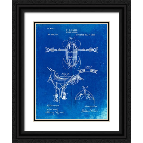 PP444-Faded Blueprint Horse Saddle Patent Poster Black Ornate Wood Framed Art Print with Double Matting by Borders, Cole