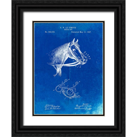 PP611-Faded Blueprint Horse Bridle Bit Poster Black Ornate Wood Framed Art Print with Double Matting by Borders, Cole