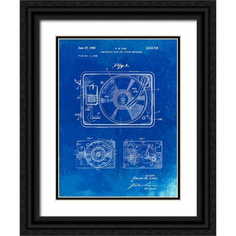 PP1009-Faded Blueprint Record Player Patent Poster Black Ornate Wood Framed Art Print with Double Matting by Borders, Cole