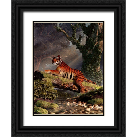 Tiger On A Log Black Ornate Wood Framed Art Print with Double Matting by Eskridge, Daniel