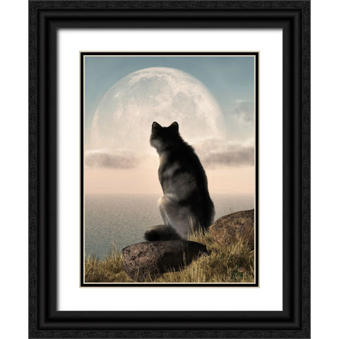 Wolf Watching The Moonrise Black Ornate Wood Framed Art Print with Double Matting by Eskridge, Daniel