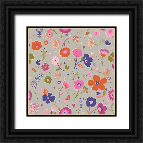 Pink And Blue Flowers Black Ornate Wood Framed Art Print with Double Matting by HUE and MI and Sangita