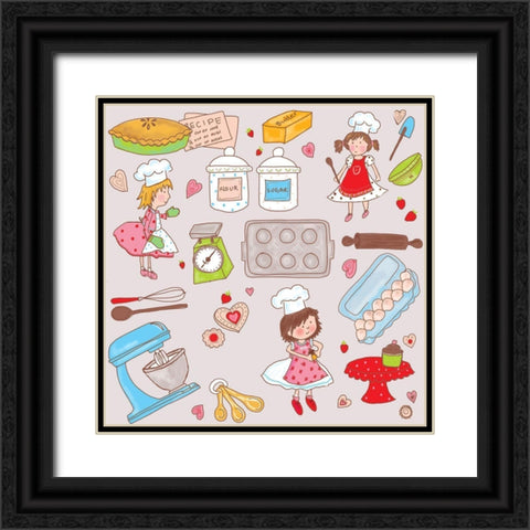 Yoyo And Friends Love To Bake Black Ornate Wood Framed Art Print with Double Matting by HUE and MI and Sangita