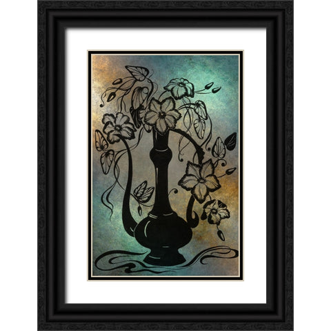 Ink Drawing Clematises in Indian Pitcher Black Ornate Wood Framed Art Print with Double Matting by Jenny Rainbow Fine Art