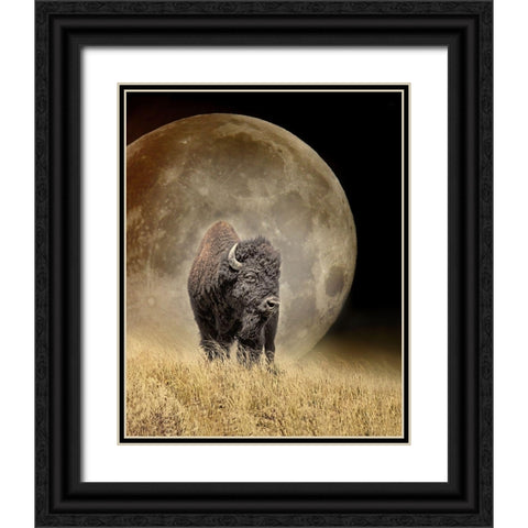 Buffalo Bison and Moon Black Ornate Wood Framed Art Print with Double Matting by Schell, Jennie Marie