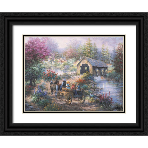 Merriment At Covered Bridge Black Ornate Wood Framed Art Print with Double Matting by Boehme, Nicky