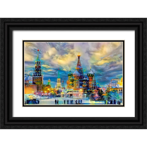 Moscow Russia Saint Basils Cathedral Kremlin Red Square ice snow and skating Black Ornate Wood Framed Art Print with Double Matting by Gavidia, Pedro