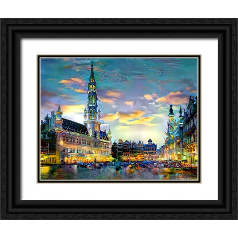Brussels Belgium Night Black Ornate Wood Framed Art Print with Double Matting by Gavidia, Pedro