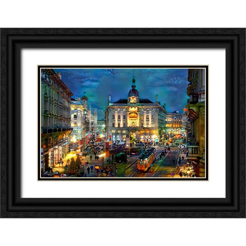 Milan Italy Piazza Cardusio Night Black Ornate Wood Framed Art Print with Double Matting by Gavidia, Pedro