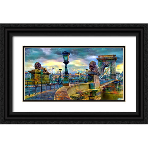 Budapest Hungary Chain Bridge Black Ornate Wood Framed Art Print with Double Matting by Gavidia, Pedro