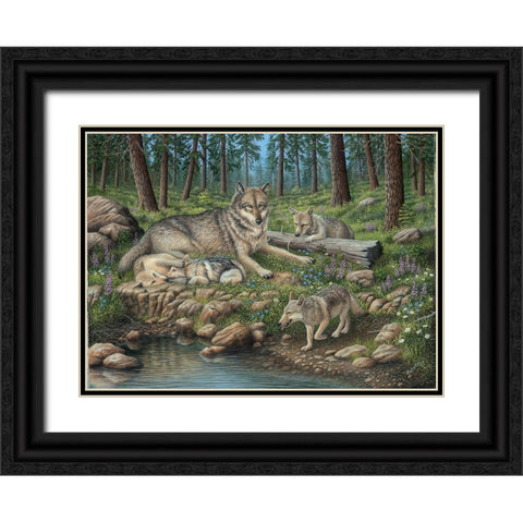 Grey Wolf Mother And Pups Black Ornate Wood Framed Art Print with Double Matting by Wavra, Robert