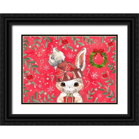 Red Rabbit Christmas Black Ornate Wood Framed Art Print with Double Matting by The Font Diva