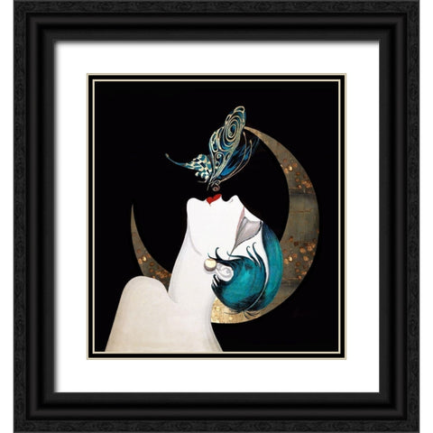 Butterfly Kiss Art Deco Woman Black Ornate Wood Framed Art Print with Double Matting by Lavoie, Tina