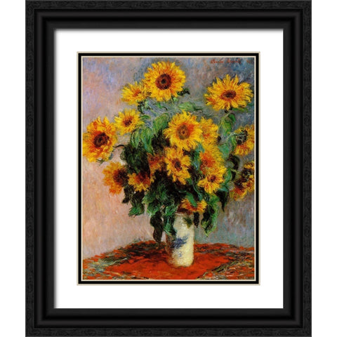 Monet-Bouquet of Sunflowers Black Ornate Wood Framed Art Print with Double Matting by Vintage Apple Collection