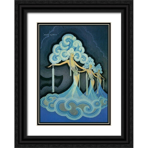 Folies Bergere Blue Black Ornate Wood Framed Art Print with Double Matting by Vintage Apple Collection