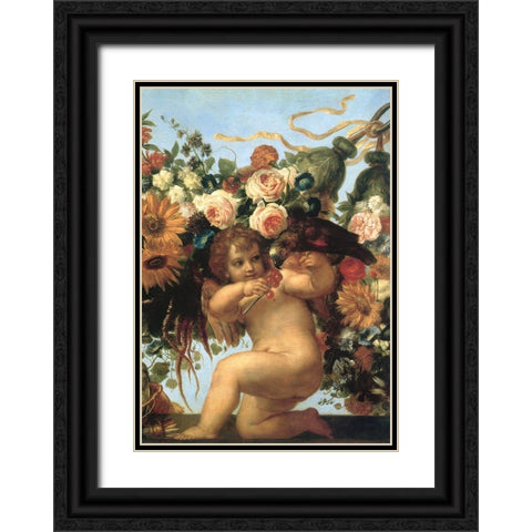 Cherub And Parrot Black Ornate Wood Framed Art Print with Double Matting by Vintage Apple Collection