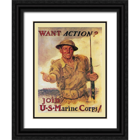 Mural Action Marines Black Ornate Wood Framed Art Print with Double Matting by Vintage Apple Collection