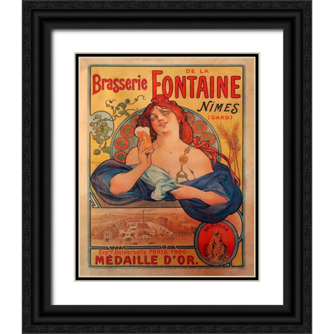 Brasserie Fontaine Black Ornate Wood Framed Art Print with Double Matting by Vintage Apple Collection