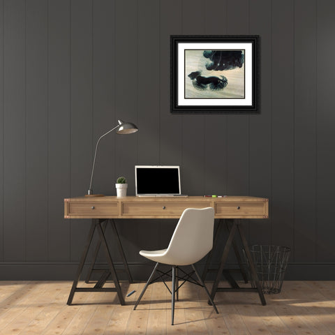 Dog On A Leash Black Ornate Wood Framed Art Print with Double Matting by Vintage Apple Collection