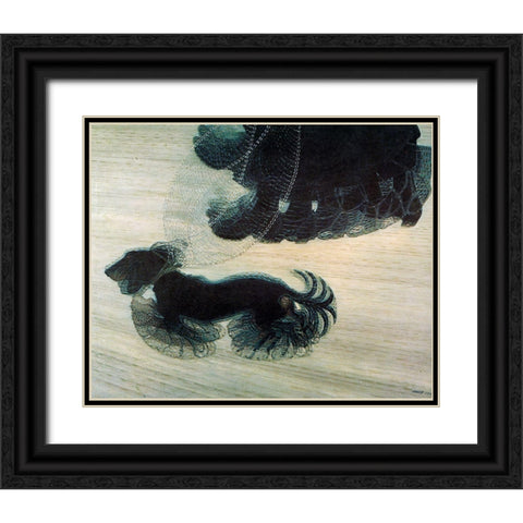 Dog On A Leash Black Ornate Wood Framed Art Print with Double Matting by Vintage Apple Collection