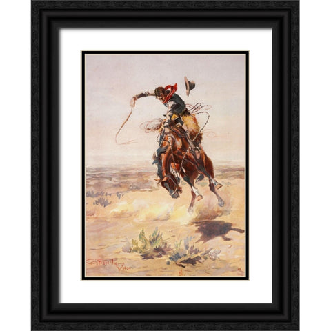 Charles Marion Russell - A Bad Hoss Black Ornate Wood Framed Art Print with Double Matting by Vintage Apple Collection
