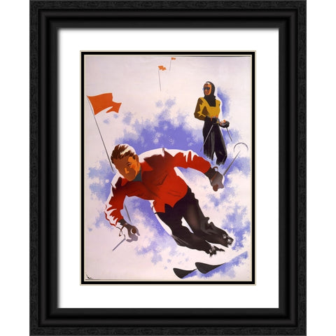 Downhill Skiing Black Ornate Wood Framed Art Print with Double Matting by Vintage Apple Collection