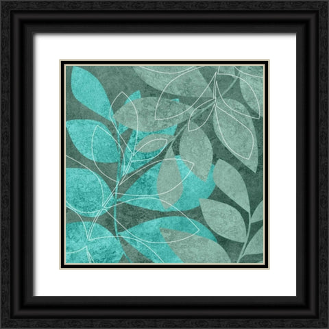 Teal Leaves II Black Ornate Wood Framed Art Print with Double Matting by Emery, Kristin
